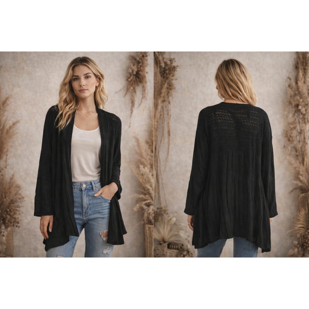 Outlander Open‎ Front Cardigan Womens Large Black Pointelle Knit Minimalist
